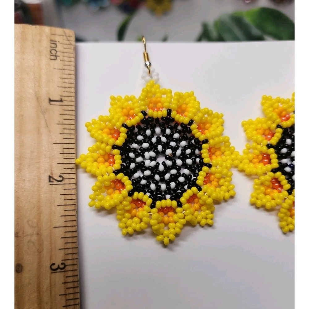 Boho Sunflower Seed Bead Earrings - Yellow Floral Dangle Jewelry - Handmade - Picture 4 of 6